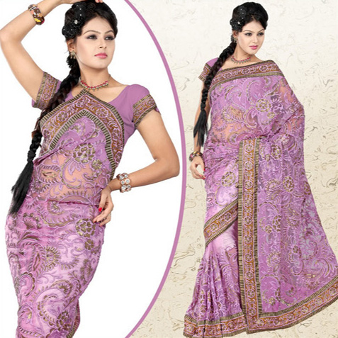 Charming Purple Net Saree With Blouse